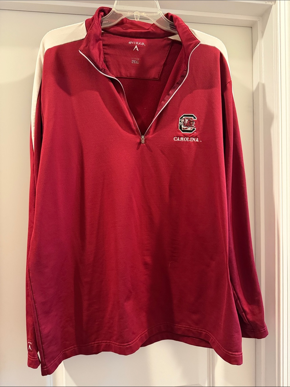 Antigua Mens Red and White Carolina Quarter-Zip Pullover